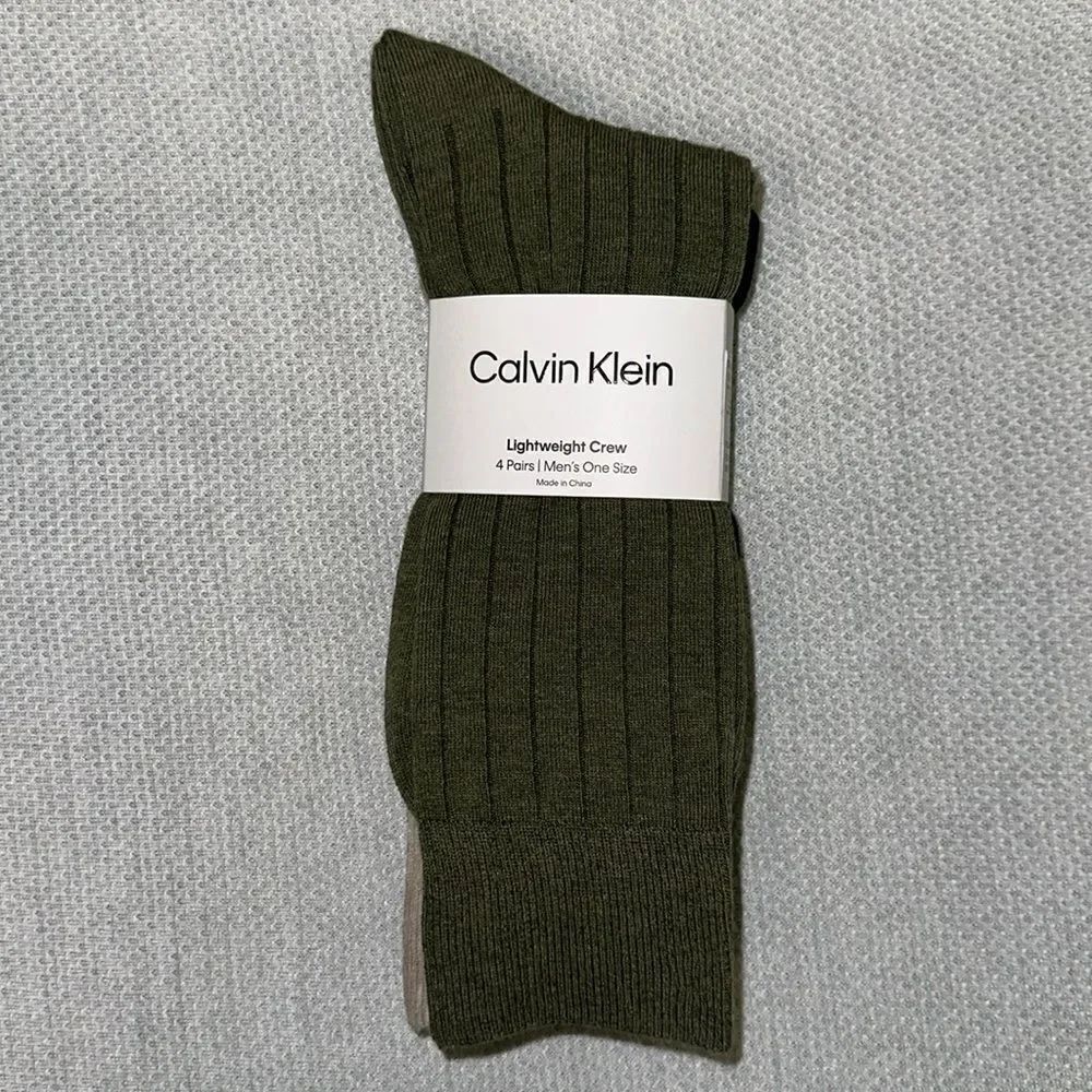 CK Men’s 4 pk Olive Black Ivory Gray Cotton Blend Dress Crew Socks